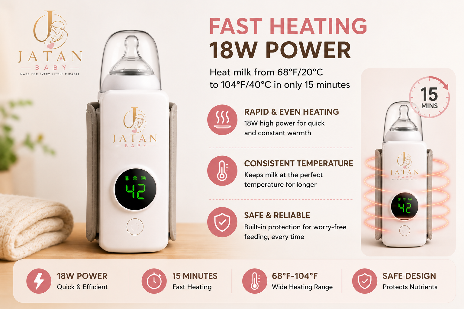 JATAN BABY Portable Baby Bottle Warmer – USB Rechargeable, Smart Temperature Control, 6 Heat Levels