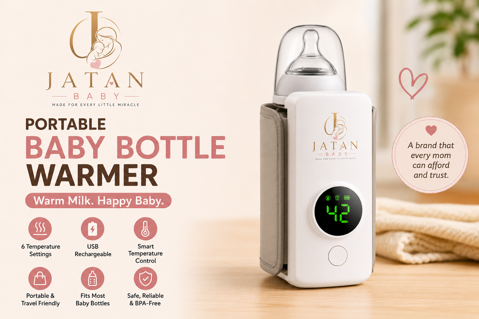 JATAN BABY Portable Baby Bottle Warmer – USB Rechargeable, Smart Temperature Control, 6 Heat Levels