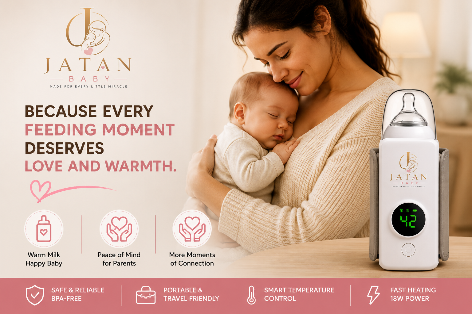 JATAN BABY Portable Baby Bottle Warmer – USB Rechargeable, Smart Temperature Control, 6 Heat Levels