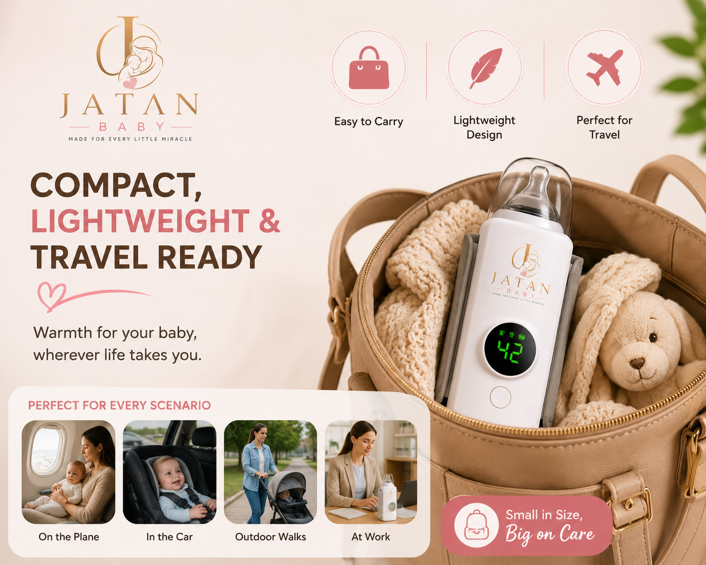 JATAN BABY Portable Baby Bottle Warmer – USB Rechargeable, Smart Temperature Control, 6 Heat Levels