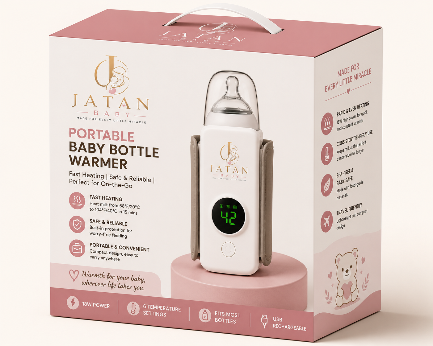JATAN BABY Portable Baby Bottle Warmer – USB Rechargeable, Smart Temperature Control, 6 Heat Levels