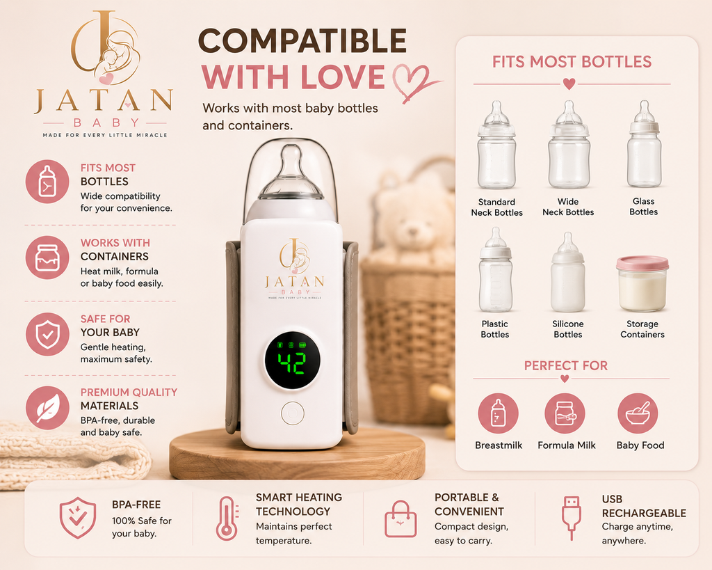 JATAN BABY Portable Baby Bottle Warmer – USB Rechargeable, Smart Temperature Control, 6 Heat Levels