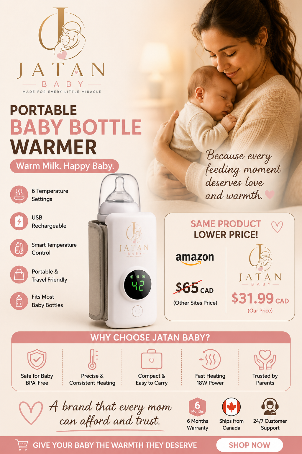 JATAN BABY Portable Baby Bottle Warmer – USB Rechargeable, Smart Temperature Control, 6 Heat Levels