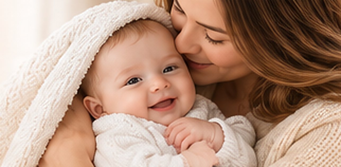 Mother cuddling her smiling baby
